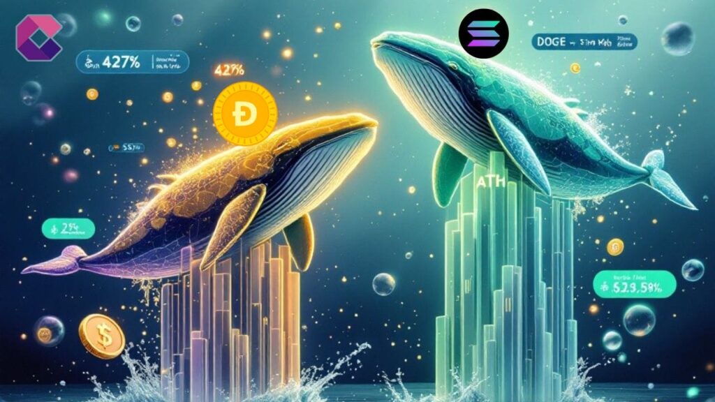 Le crypto che piacciono alle whale: DOGE esplode del 427% e SOL segna un nuovo ATH