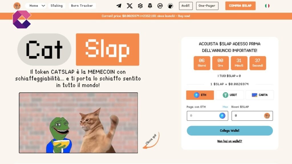 Il prezzo della nuova memecoin Catslap (SLAP) esplode per 10 milioni di motivi